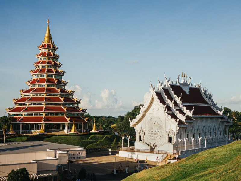 An idyllic scene of a majestic Huay Pla Kang Buddhist Temple in Chiang Rai, Thailand